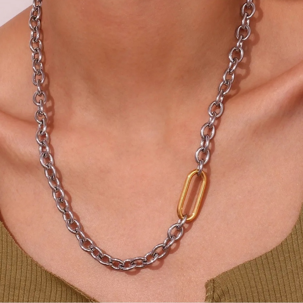 Bold Mixed-Metal Chain Necklace with Silver and Gold Accents